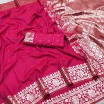 Staggering Dark Pink Pure Zari Weaving Banarasi Silk Saree With Symmetrical Blouse Piece