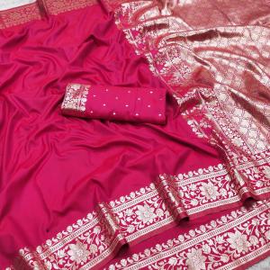 Staggering Dark Pink Pure Zari Weaving Banarasi Silk Saree With Symmetrical Blouse Piece