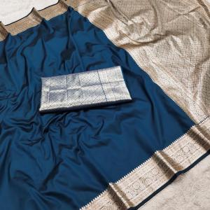 Proficient Teal Blue Pure Zari Weaving Banarasi Silk Saree With Luxuriant Blouse Piece