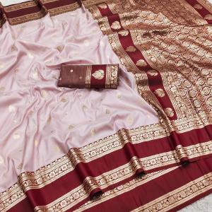 Imbrication Baby Pink Pure Zari Weaving Banarasi Silk Saree With Serendipity Blouse Piece