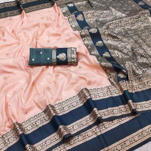 Divine Peach Pure Zari Weaving Banarasi Silk Saree With Dulcet Blouse Piece
