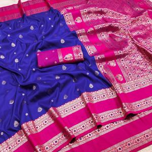 Proficient Royal Blue Pure Zari Weaving Banarasi Silk Saree With Elaborate Blouse Piece