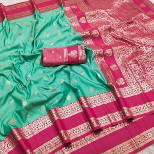 Resplendent Sea Green Pure Zari Weaving Banarasi Silk Saree With Exquisite Blouse Piece