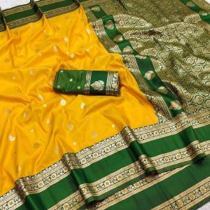 Susurrous Yellow Pure Zari Weaving Banarasi Silk Saree With Lassitude Blouse Piece