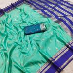 Embellished Firozi Pure Zari Weaving Banarasi Silk Saree With Embrocation Blouse Piece