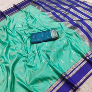 Embellished Firozi Pure Zari Weaving Banarasi Silk Saree With Embrocation Blouse Piece