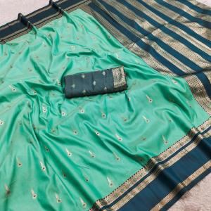 Smart Sea Green Pure Zari Weaving Banarasi Silk Saree With Marvellous Blouse Piece