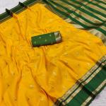Engrossing Yellow Pure Zari Weaving Banarasi Silk Saree With Symmetrical Blouse Piece