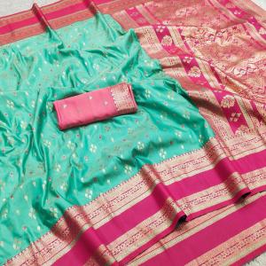 Efflorescence Sea Green Pure Zari Weaving Banarasi Silk Saree With Sophisticated Blouse Piece