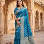 Designer Firozi Pure Viscose Dola Silk Saree With Panoply Blouse Piece