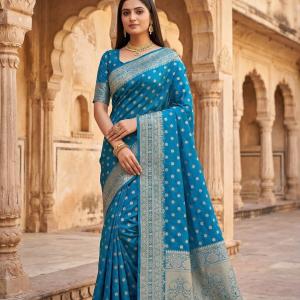 Designer Firozi Pure Viscose Dola Silk Saree With Panoply Blouse Piece