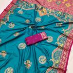 Evocative Firozi Pashmina Saree With Pleasant Blouse Piece
