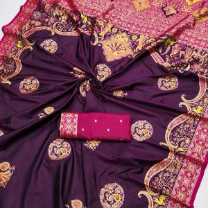 Entrancing Wine Pashmina Saree With Unequalled Blouse Piece
