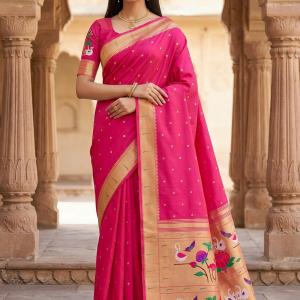 Enthralling Dark Pink Paithani Silk Saree With Snappy Blouse Piece