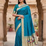 Skinny Firozi Paithani Silk Saree With Exquisite Blouse Piece