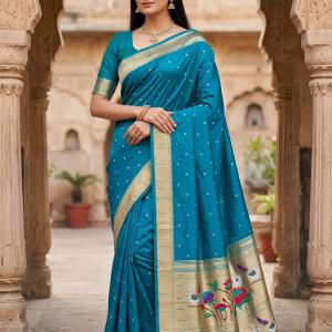 Skinny Firozi Paithani Silk Saree With Exquisite Blouse Piece