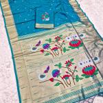 Skinny Firozi Paithani Silk Saree With Exquisite Blouse Piece