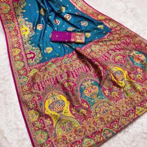 Symmetrical Blue Pashmina Saree With Demesne Blouse Piece