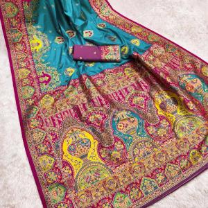 Vivacious Firozi Pashmina Saree With Snazzy Blouse Piece