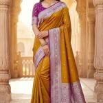 Prominent Mustard Pure Zari Weaving Banarasi Silk Saree With Beguiling Blouse Piece