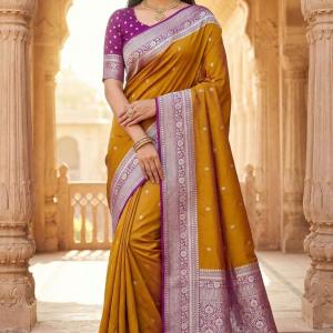 Prominent Mustard Pure Zari Weaving Banarasi Silk Saree With Beguiling Blouse Piece