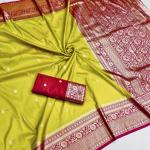 Captivating Parrot Pure Zari Weaving Banarasi Silk Saree With Bewitching Blouse Piece