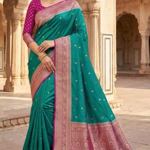 Scrupulous Rama Pure Zari Weaving Banarasi Silk Saree With Imaginative Blouse Piece