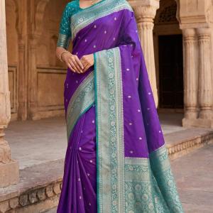 Ideal Royal Purple Pure Zari Weaving Banarasi Silk Saree With Desuetude Blouse Piece