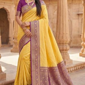 Ornate Yellow Pure Zari Weaving Banarasi Silk Saree With Arresting Blouse Piece