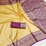 Ornate Yellow Pure Zari Weaving Banarasi Silk Saree With Arresting Blouse Piece