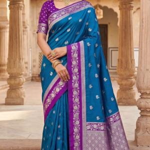 Engaging Blue Pure Zari Weaving Banarasi Silk Saree With Beauteous Blouse Piece