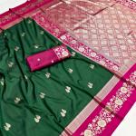 Fairytale Dark Green Pure Zari Weaving Banarasi Silk Saree With Luxuriant Blouse Piece