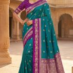 Engrossing Rama Pure Zari Weaving Banarasi Silk Saree With Inspiring Blouse Piece