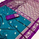 Engrossing Rama Pure Zari Weaving Banarasi Silk Saree With Inspiring Blouse Piece