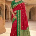 Fragrant Red Pure Zari Weaving Banarasi Silk Saree With Mesmeric Blouse Piece