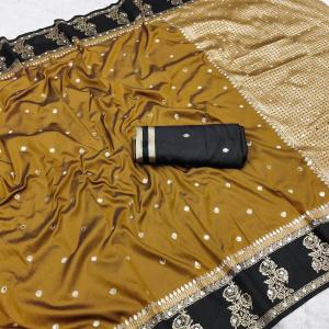 Sophisticated Mustard and Black Pure Banarasi Silk Saree With Denouement Blouse Piece