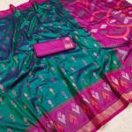 Resonant Rama Pure Zari Weaving Banarasi Silk Saree With Improbable Blouse Piece
