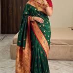 Petrichor Dark Green Paithani Silk Saree With Embellished Blouse Piece