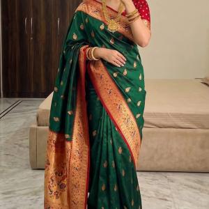 Petrichor Dark Green Paithani Silk Saree With Embellished Blouse Piece