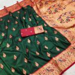 Petrichor Dark Green Paithani Silk Saree With Embellished Blouse Piece