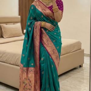 Unique Green Paithani Silk Saree With Diaphanous Blouse Piece