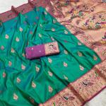 Unique Green Paithani Silk Saree With Diaphanous Blouse Piece