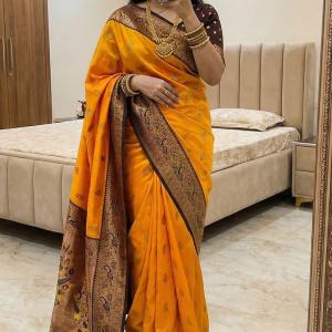 Elaborate Orange Paithani Silk Saree With Denouement Blouse Piece