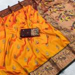 Elaborate Orange Paithani Silk Saree With Denouement Blouse Piece