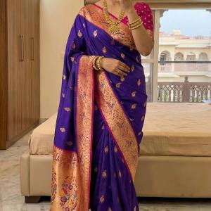 Stunning Royal Blue Paithani Silk Saree With Palimpsest Blouse Piece