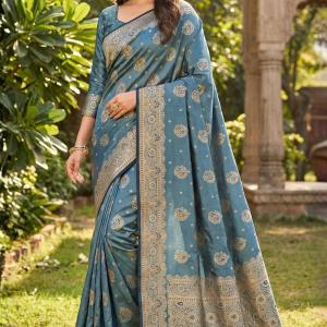 Nebula Grey Banarasi Satin Silk Saree With Rhapsody Blouse