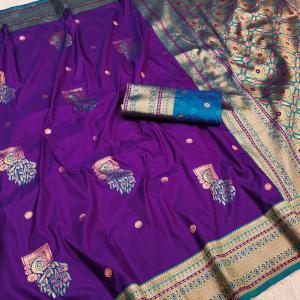 Lagniappe Purple Paithani Silk Saree With Assemblage Blouse Piece