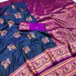 Prominent Navy Blue Paithani Silk Saree With Scintilla Blouse Piece
