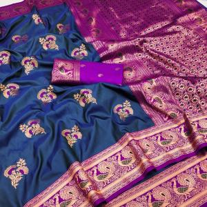 Prominent Navy Blue Paithani Silk Saree With Scintilla Blouse Piece