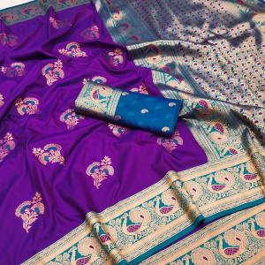 Groovy Royal Purple Paithani Silk Saree With Grandiose Blouse Piece